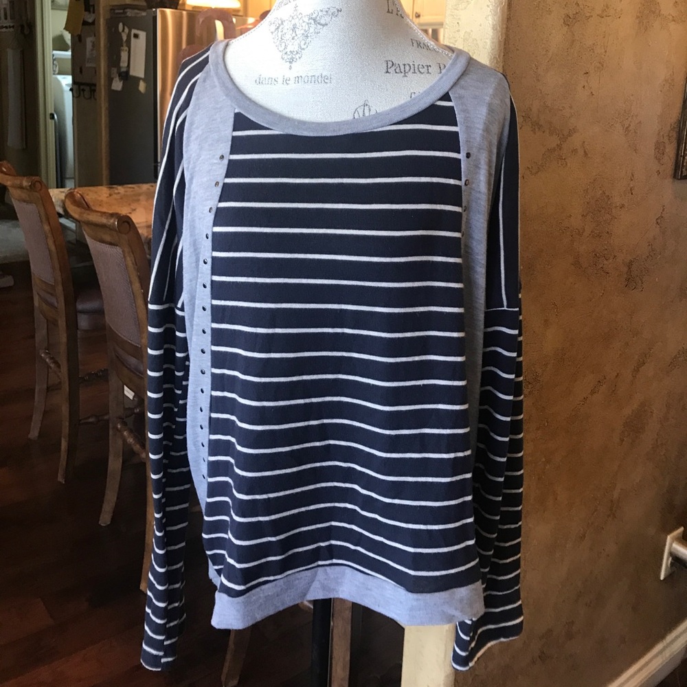 Striped Navy and Light Gray Long-Sleeve Women's Top